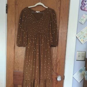 Elegant, rich brown 3/4  Sleeve midi length  dress with gold dots